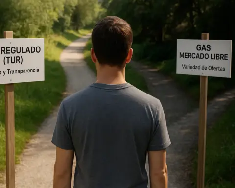 Persona eligiendo entre gas regulado (TUR) y mercado libre, comparando opciones.