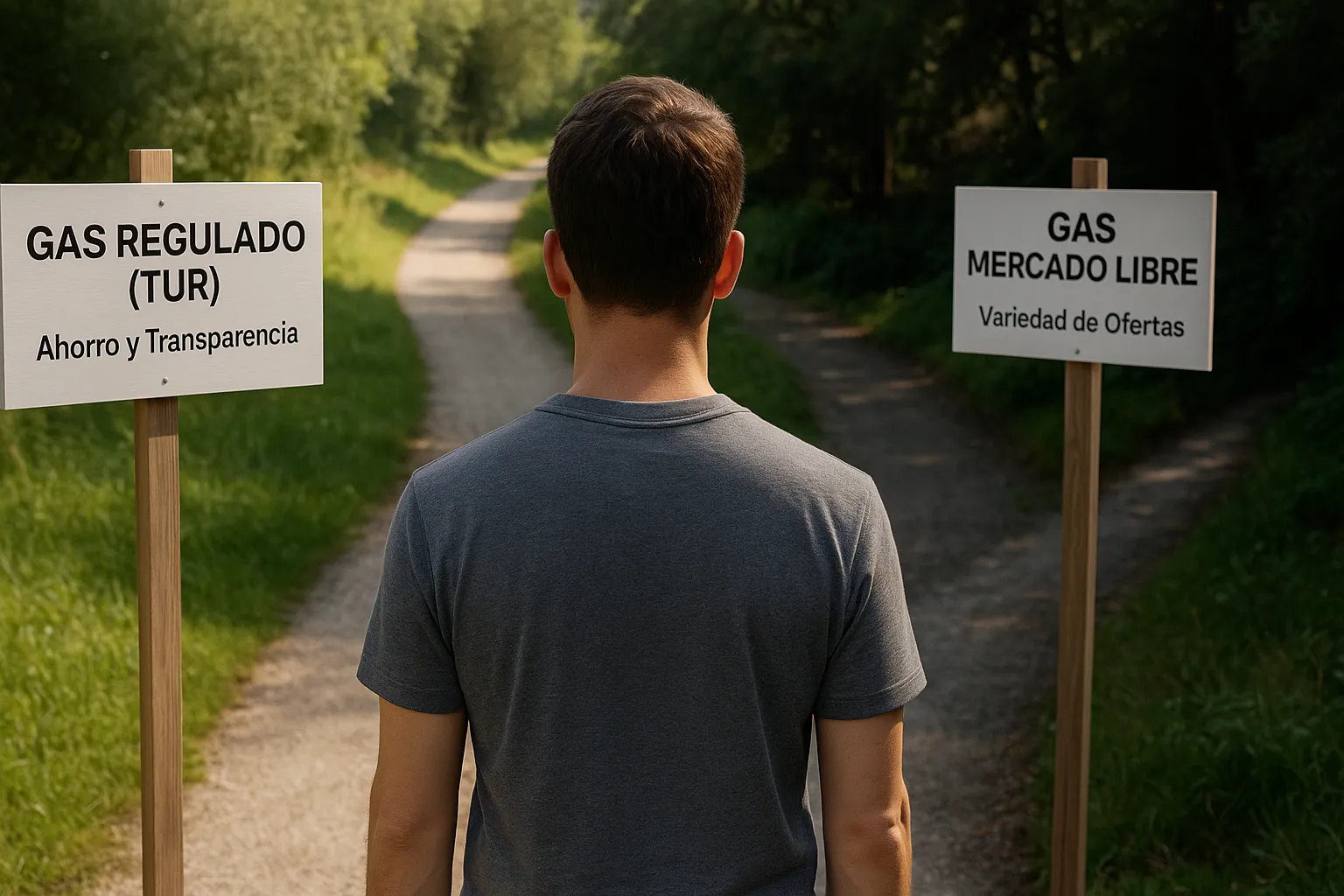 Persona eligiendo entre gas regulado (TUR) y mercado libre, comparando opciones.