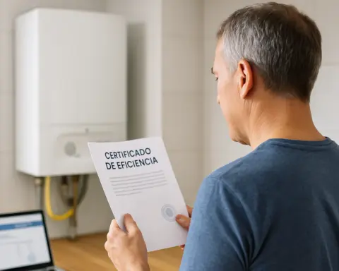 Persona con un certificado oficial que refleja que su caldera está en buen estado.