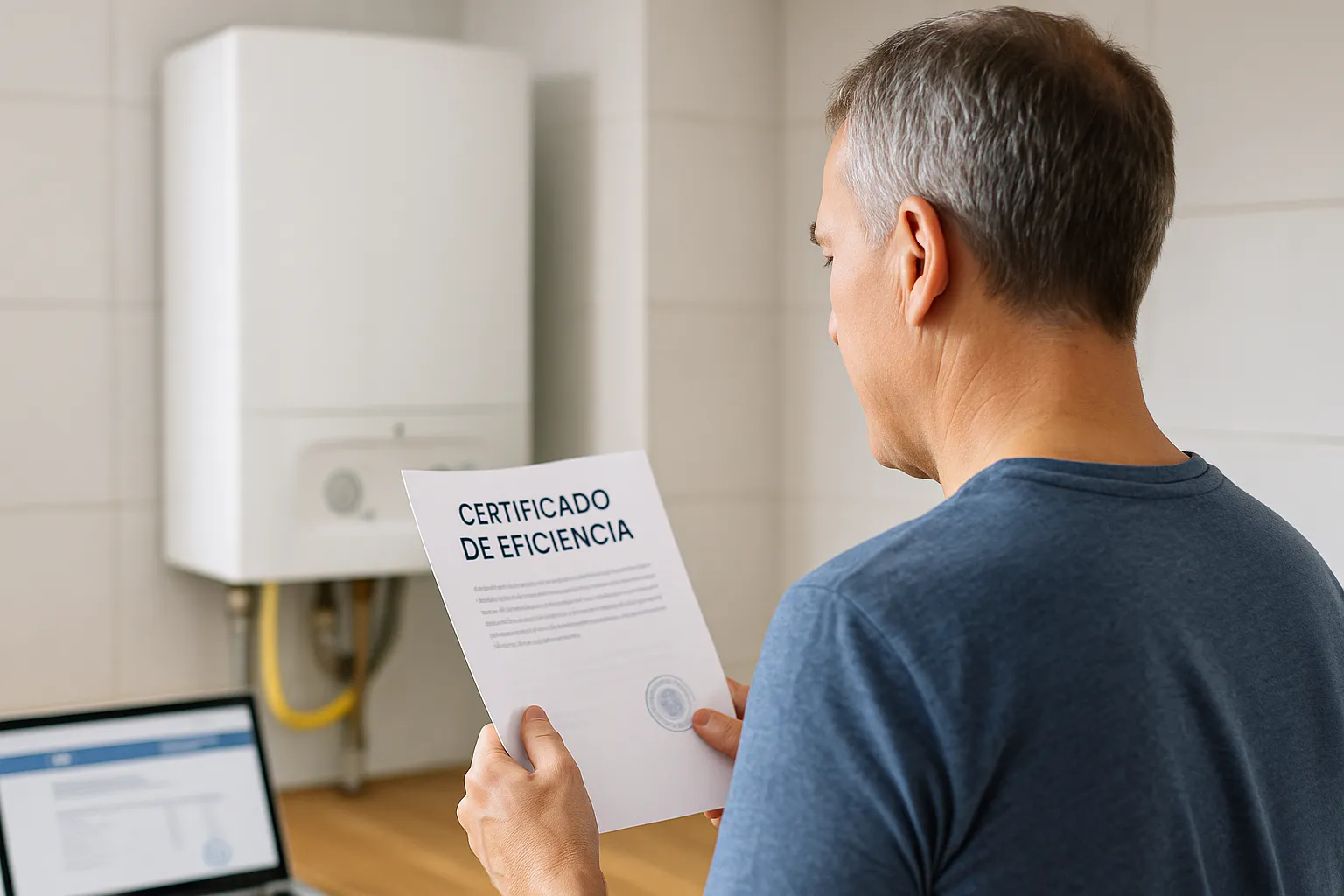 Persona con un certificado oficial que refleja que su caldera está en buen estado.