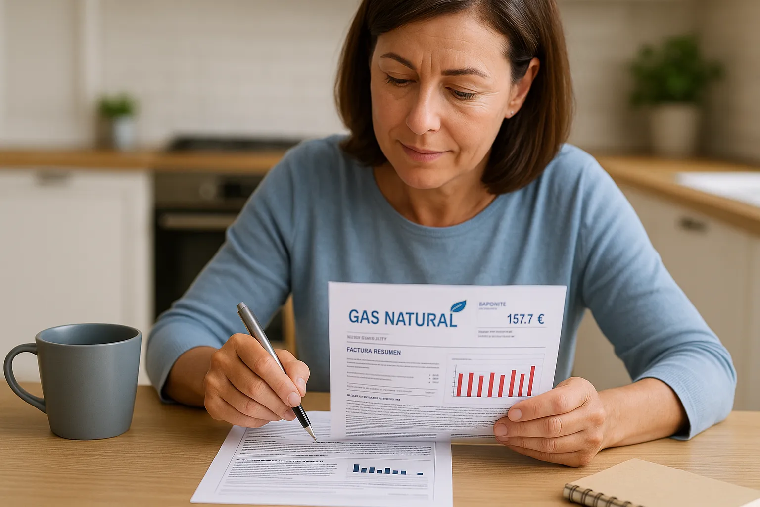 Mujer estudiando su factura de gas natural para entenderla