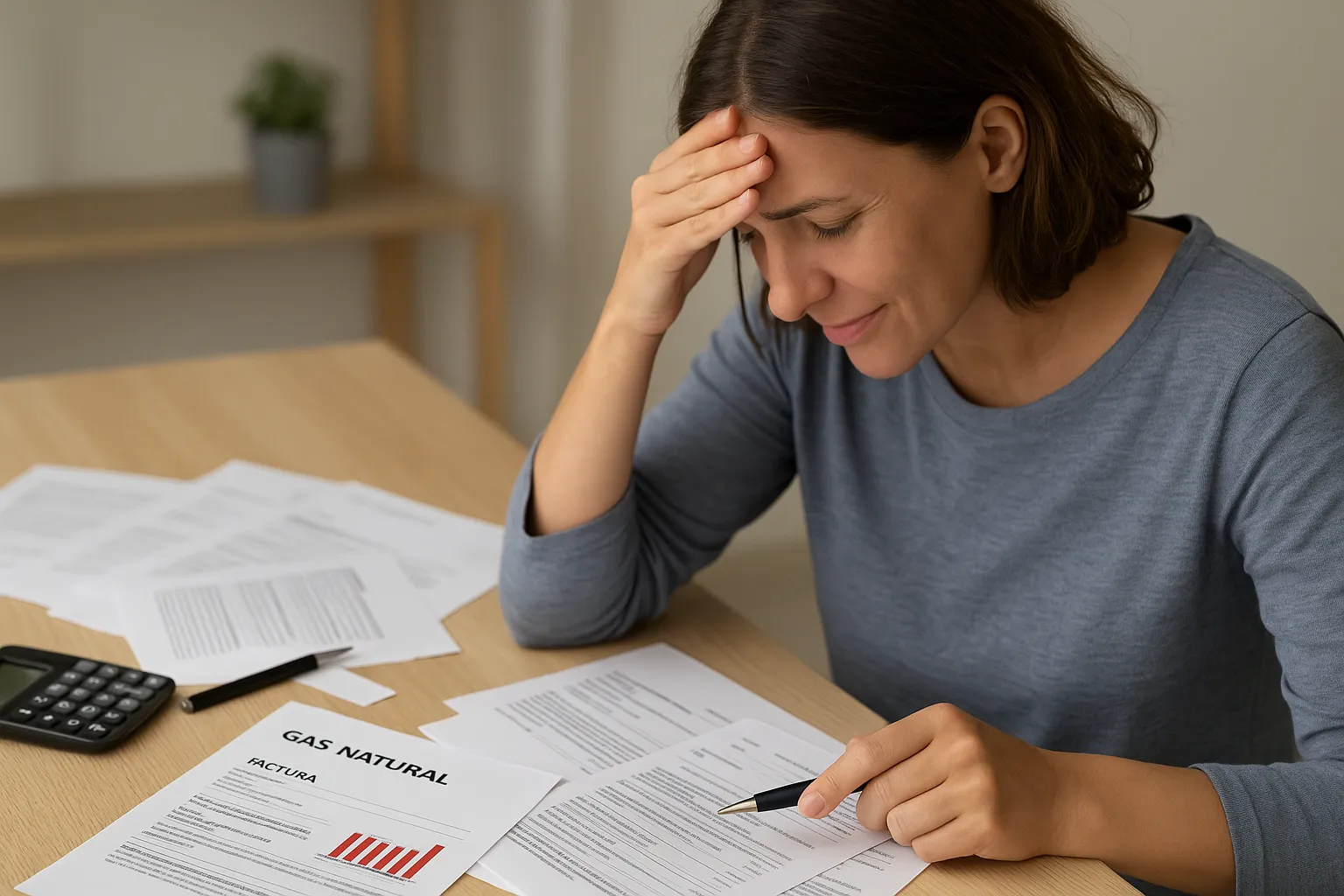 Persona frustrada revisando facturas de gas, simbolizando errores comunes con tarifas.