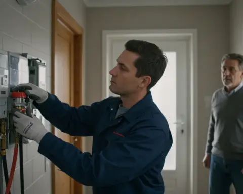 Técnico cualificado instalando un contador de gas mientras el propietario observa, simbolizando el proceso y los pasos para dar de alta el suministro.