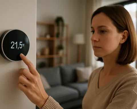Mujer ajustando un termostato digital en la pared de su salón, simbolizando el consumo de gas en calefacción y el control sobre el gasto energético del hogar.