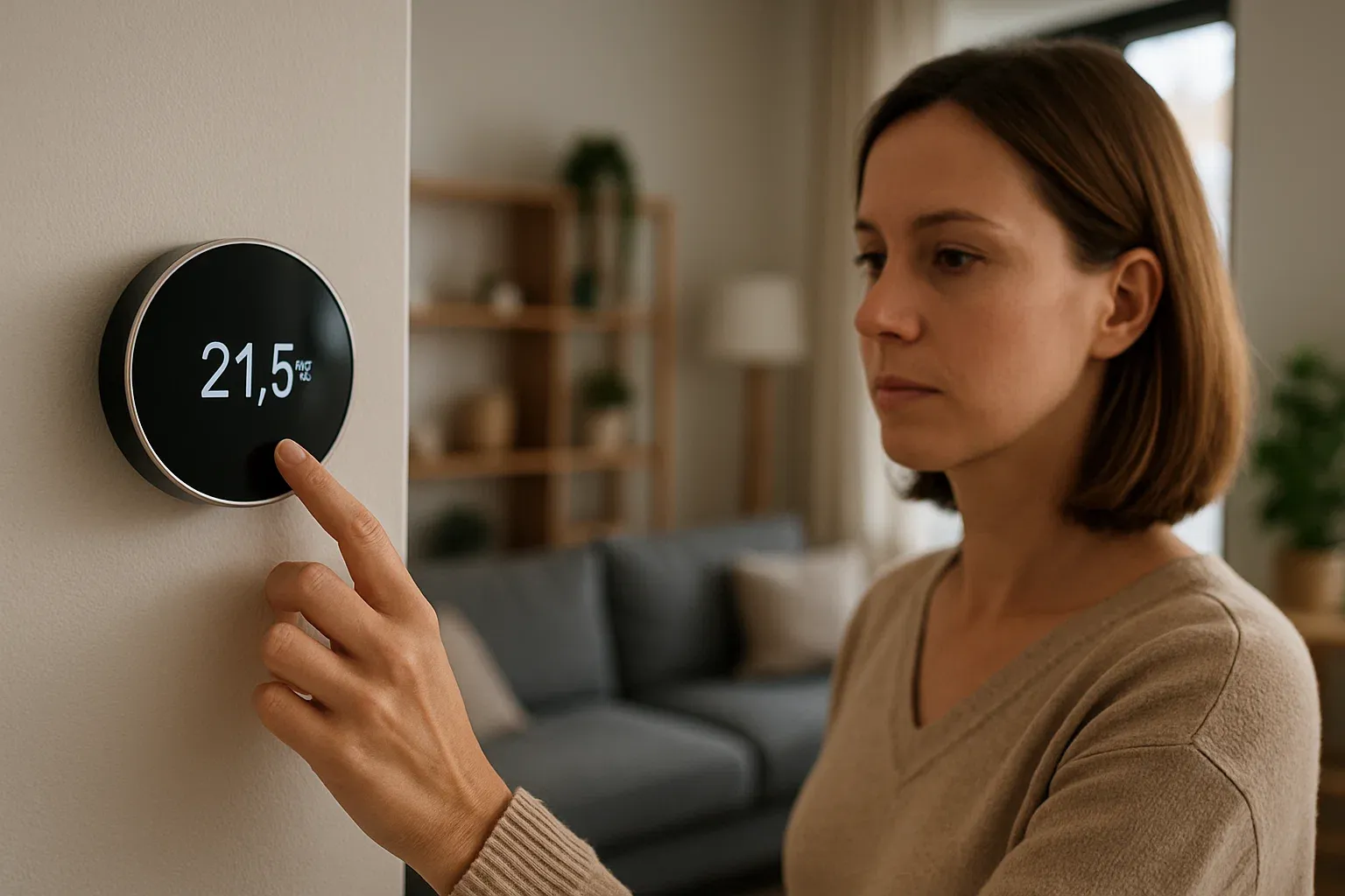 Mujer ajustando un termostato digital en la pared de su salón, simbolizando el consumo de gas en calefacción y el control sobre el gasto energético del hogar.