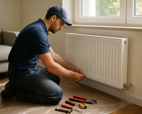 Técnico cualificado instalando un radiador de calefacción en una vivienda, simbolizando el coste y el proceso de la instalación de gas natural.