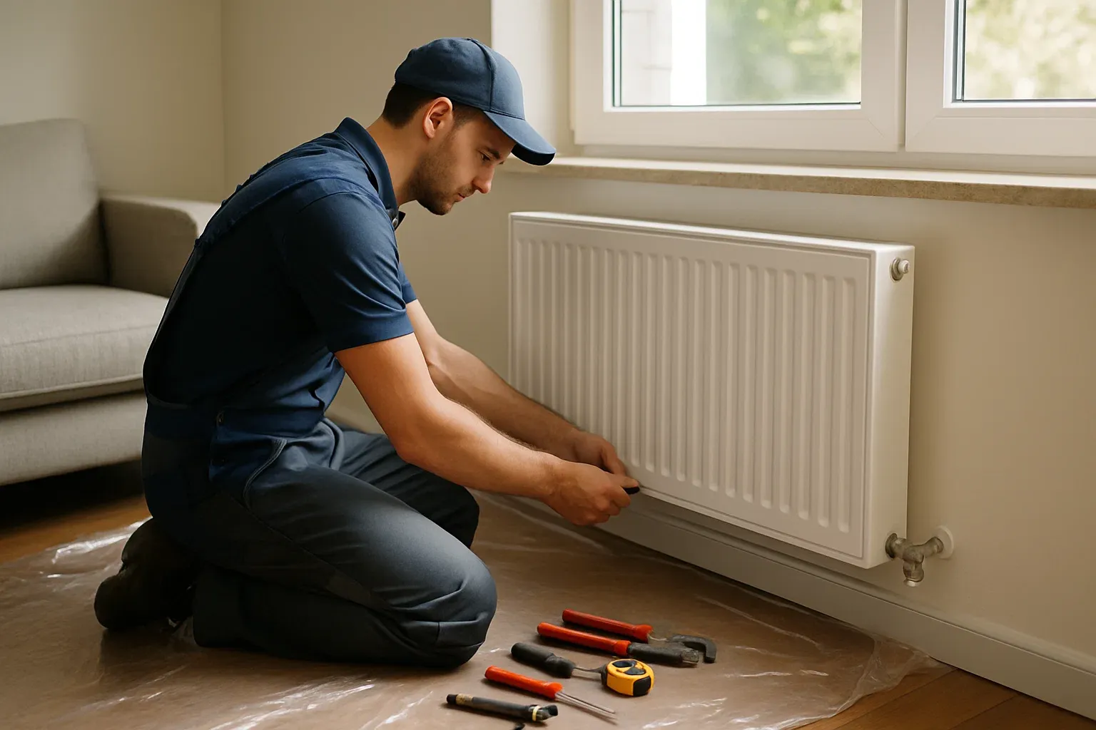 Técnico cualificado instalando un radiador de calefacción en una vivienda, simbolizando el coste y el proceso de la instalación de gas natural.