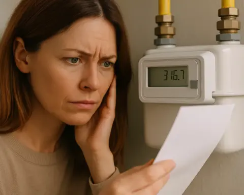 Mujer junto a un contador de gas digital, sosteniendo una factura con gesto de duda y concentración.
