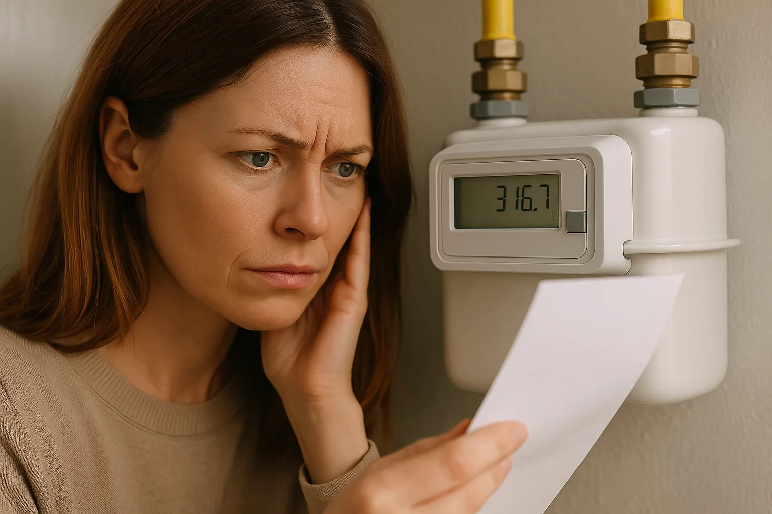 Mujer junto a un contador de gas digital, sosteniendo una factura con gesto de duda y concentración.