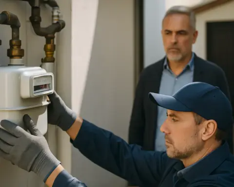 Técnico retirando un contador de gas bajo la atenta mirada del propietario, simbolizando el acto definitivo de dar de baja el suministro.