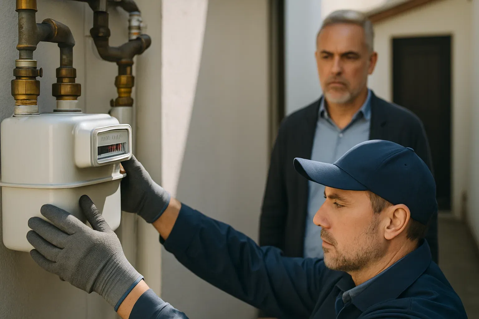 Técnico retirando un contador de gas bajo la atenta mirada del propietario, simbolizando el acto definitivo de dar de baja el suministro.