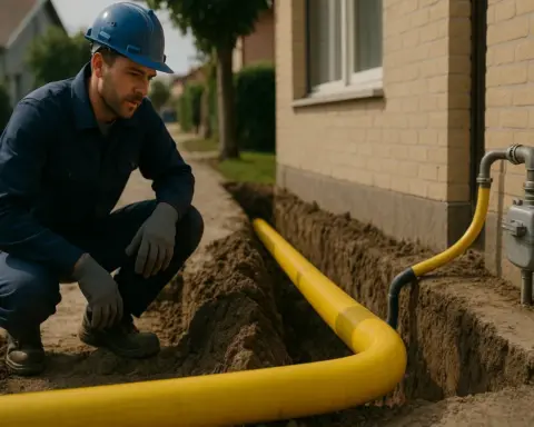 Técnico cualificado supervisando la instalación de la tubería de acometida de gas en una zanja, simbolizando el coste y el proceso de los derechos de acometida.