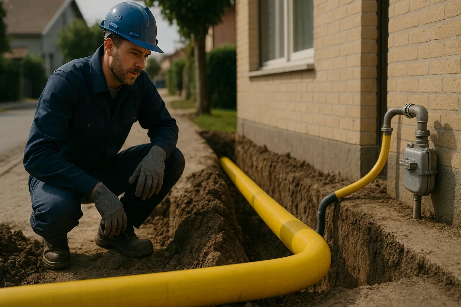 Técnico cualificado supervisando la instalación de la tubería de acometida de gas en una zanja, simbolizando el coste y el proceso de los derechos de acometida.
