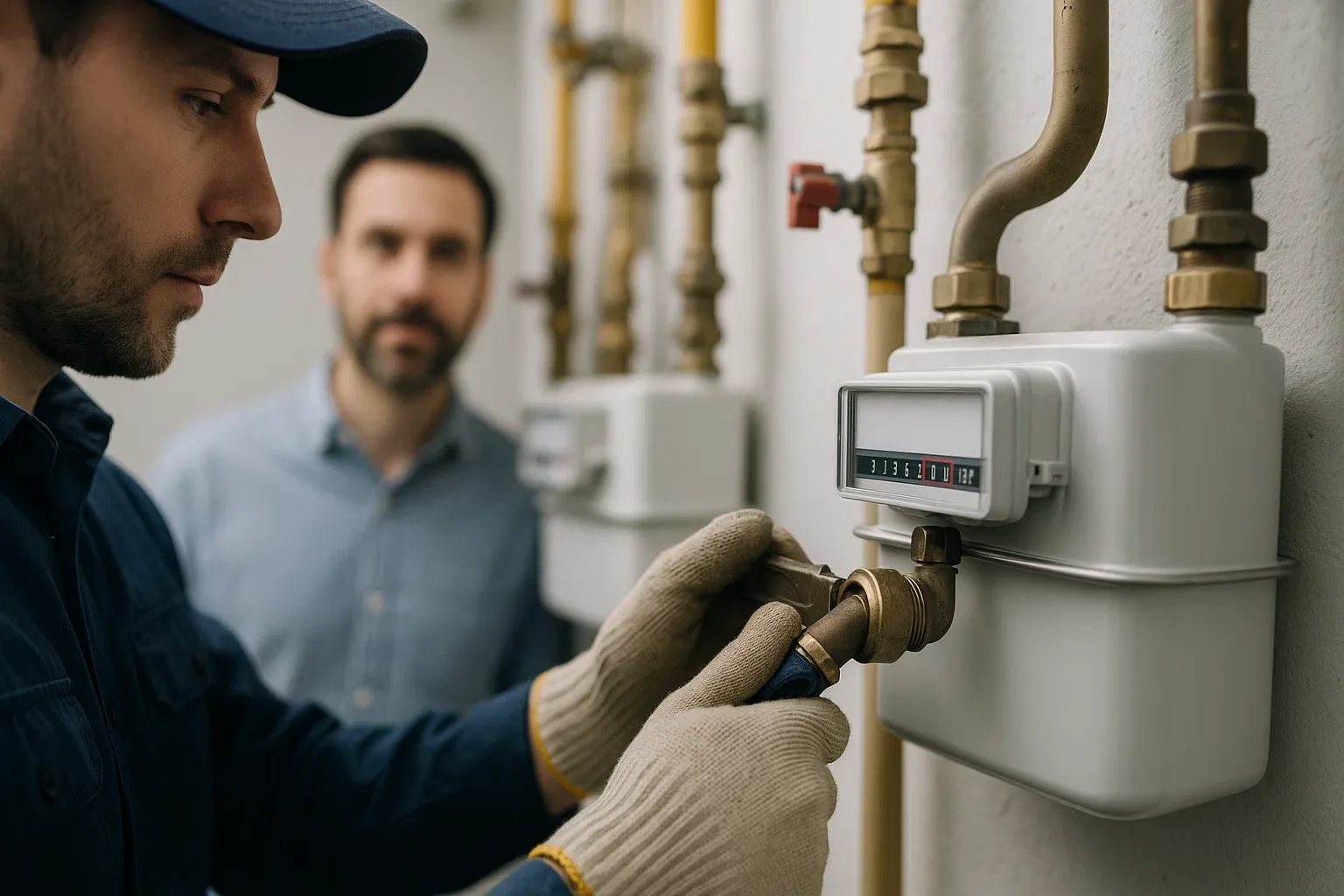 Técnico cualificado instalando un contador de gas mientras el propietario observa, simbolizando el proceso y coste de los derechos de enganche.