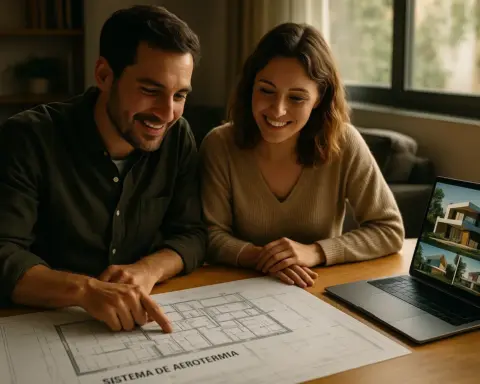 Pareja joven revisando planos arquitectónicos que incluyen un sistema de aerotermia, simbolizando la planificación de un hogar con energías renovables en lugar de gas natural.