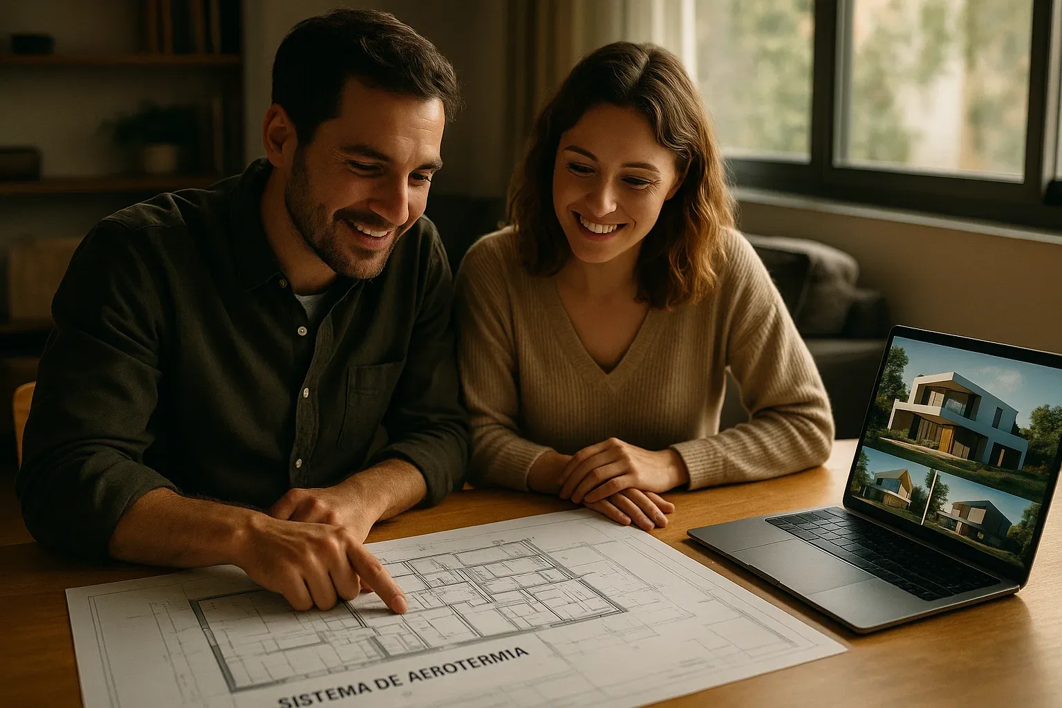 Pareja joven revisando planos arquitectónicos que incluyen un sistema de aerotermia, simbolizando la planificación de un hogar con energías renovables en lugar de gas natural.