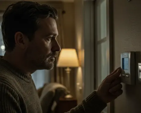 Hombre con expresión pensativa mirando el termostato de la calefacción en invierno, simbolizando la reflexión sobre el gasto medio en la factura de gas.