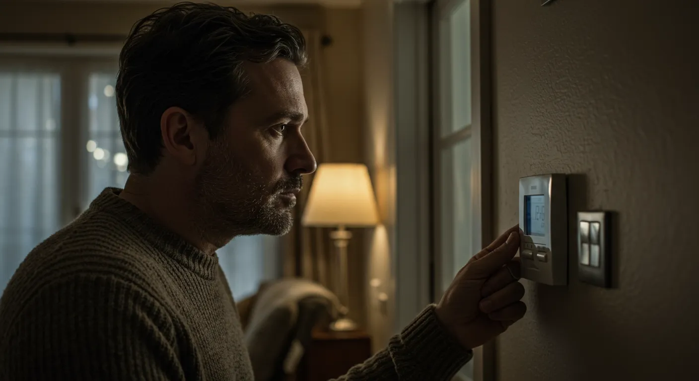 Hombre con expresión pensativa mirando el termostato de la calefacción en invierno, simbolizando la reflexión sobre el gasto medio en la factura de gas.