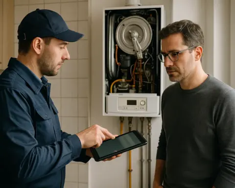 Técnico cualificado realizando la inspección de una caldera de gas y explicando el proceso al propietario, simbolizando la seguridad y el cumplimiento de la normativa.