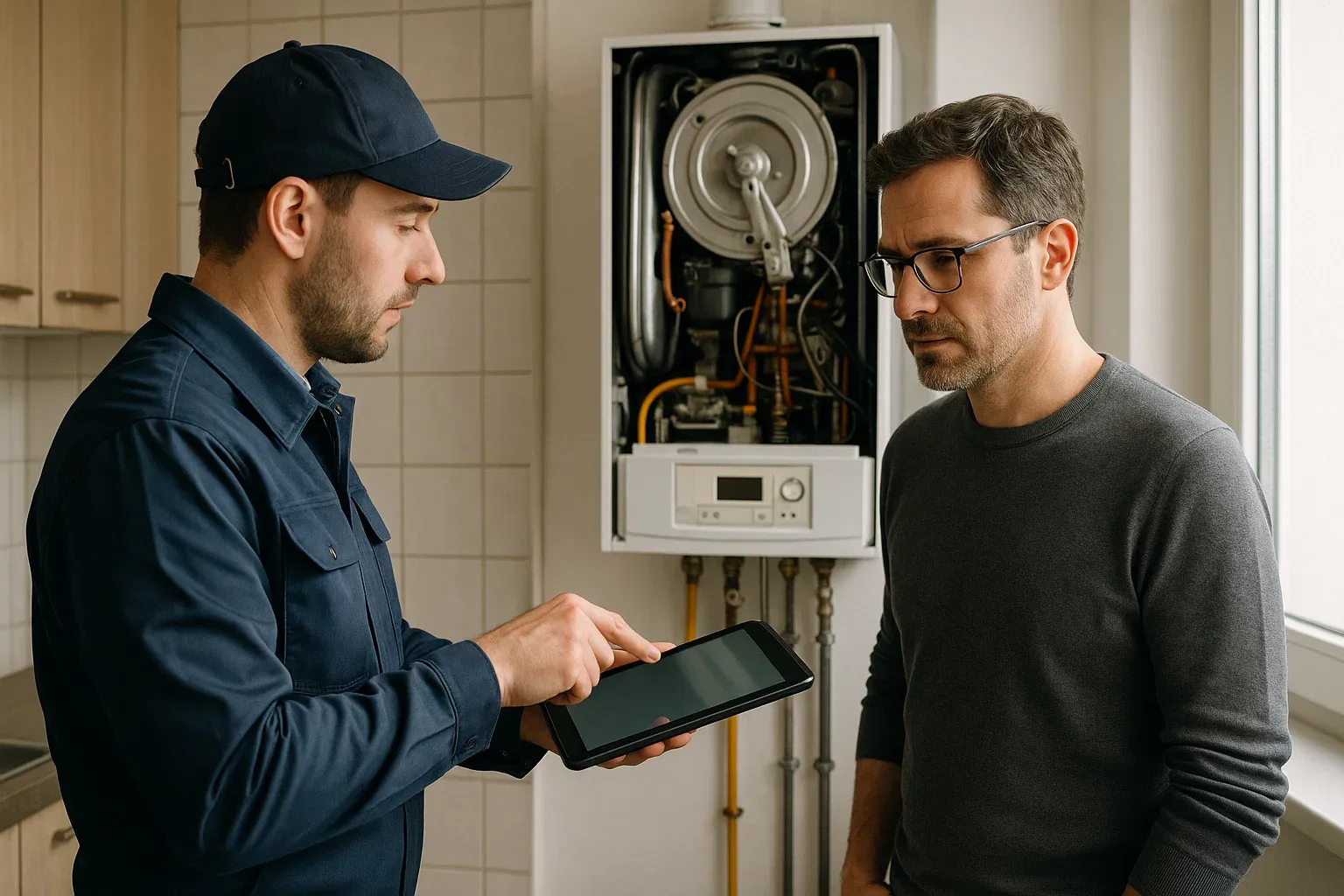 Técnico cualificado realizando la inspección de una caldera de gas y explicando el proceso al propietario, simbolizando la seguridad y el cumplimiento de la normativa.