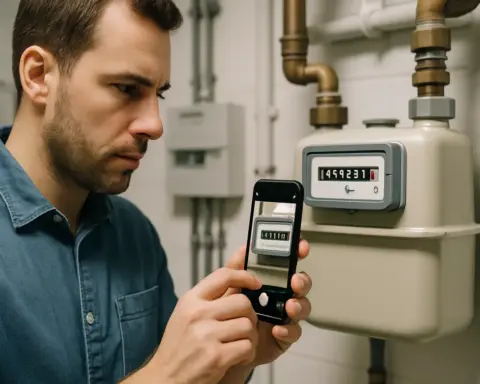 Hombre fotografiando su contador de gas con el móvil, simbolizando el acto de dar la lectura para una factura precisa.