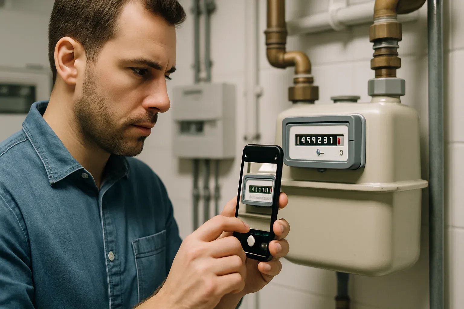 Hombre fotografiando su contador de gas con el móvil, simbolizando el acto de dar la lectura para una factura precisa.