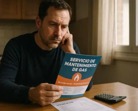 Hombre pensativo examinando un folleto de un servicio de mantenimiento de gas junto a una factura, simbolizando la decisión de contratar esta cobertura opcional.