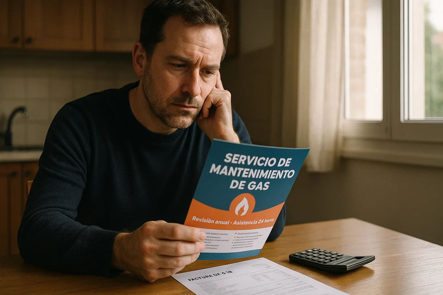 Hombre pensativo examinando un folleto de un servicio de mantenimiento de gas junto a una factura, simbolizando la decisión de contratar esta cobertura opcional.