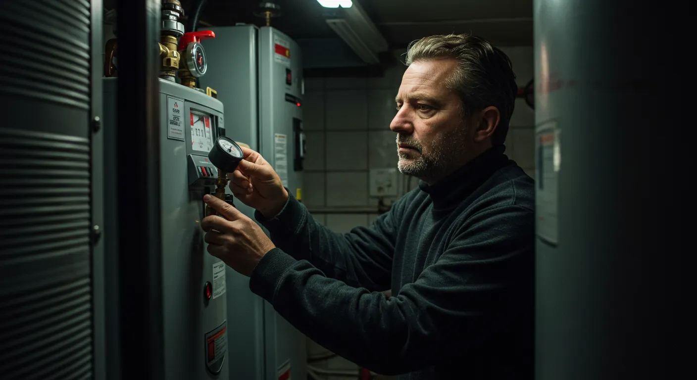 Hombre con expresión pensativa revisando el nivel de un depósito de gasoil en su sótano, simbolizando la comparativa y la decisión entre calefacción de gasoil y gas natural.