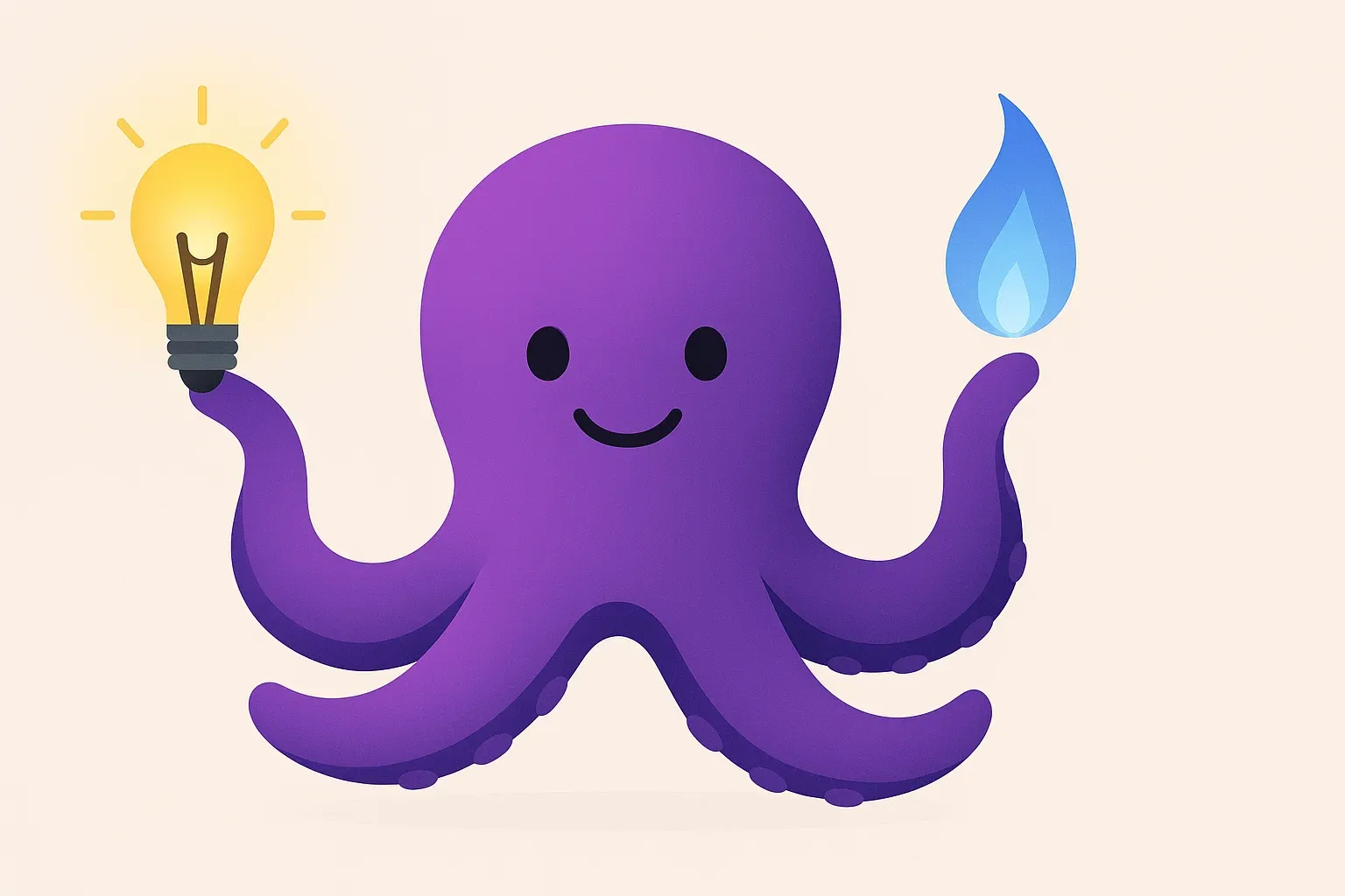 Ilustración de un pulpo morado, mascota de Octopus Energy, sosteniendo una bombilla y una llama de gas, simbolizando la contratación conjunta de sus tarifas de luz y gas.