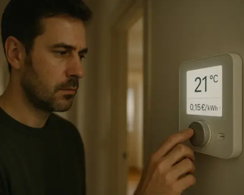 Hombre pensativo observando un termostato digital que muestra tanto la temperatura como el precio del kWh de gas, simbolizando la toma de decisiones sobre el consumo energético.