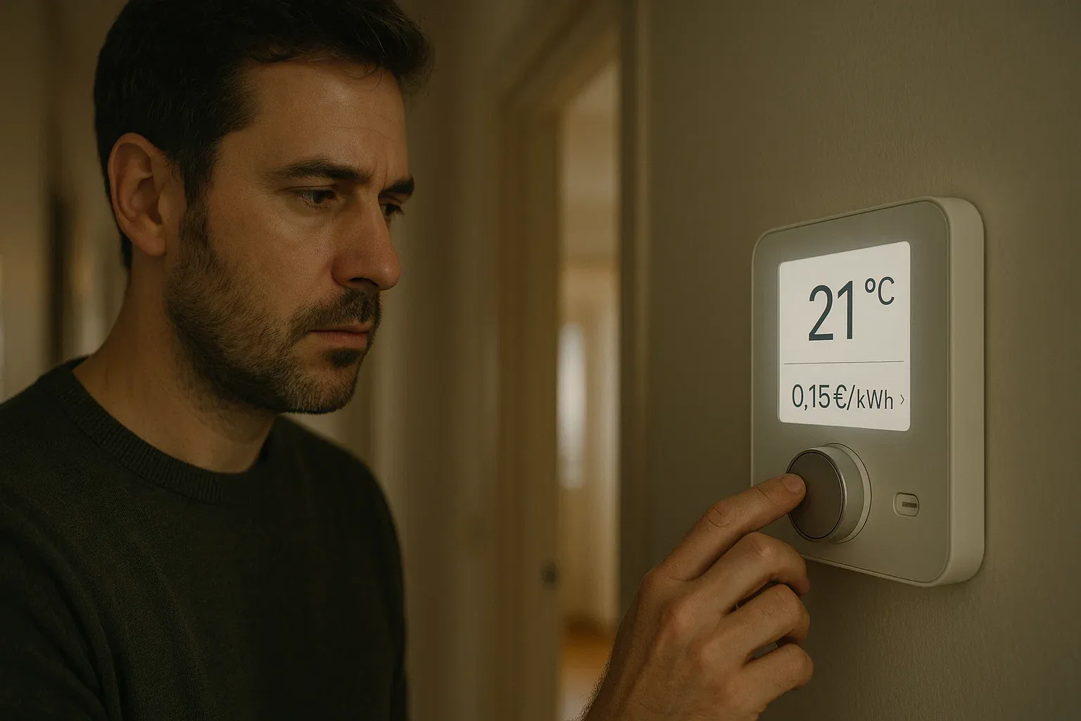 Hombre pensativo observando un termostato digital que muestra tanto la temperatura como el precio del kWh de gas, simbolizando la toma de decisiones sobre el consumo energético.
