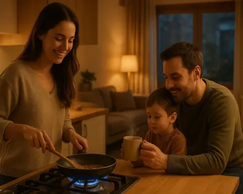 Familia disfrutando de un hogar cálido, con la madre cocinando en una placa de gas y el padre sirviendo una bebida caliente, simbolizando los usos del gas natural para cocina, agua caliente y calefacción.