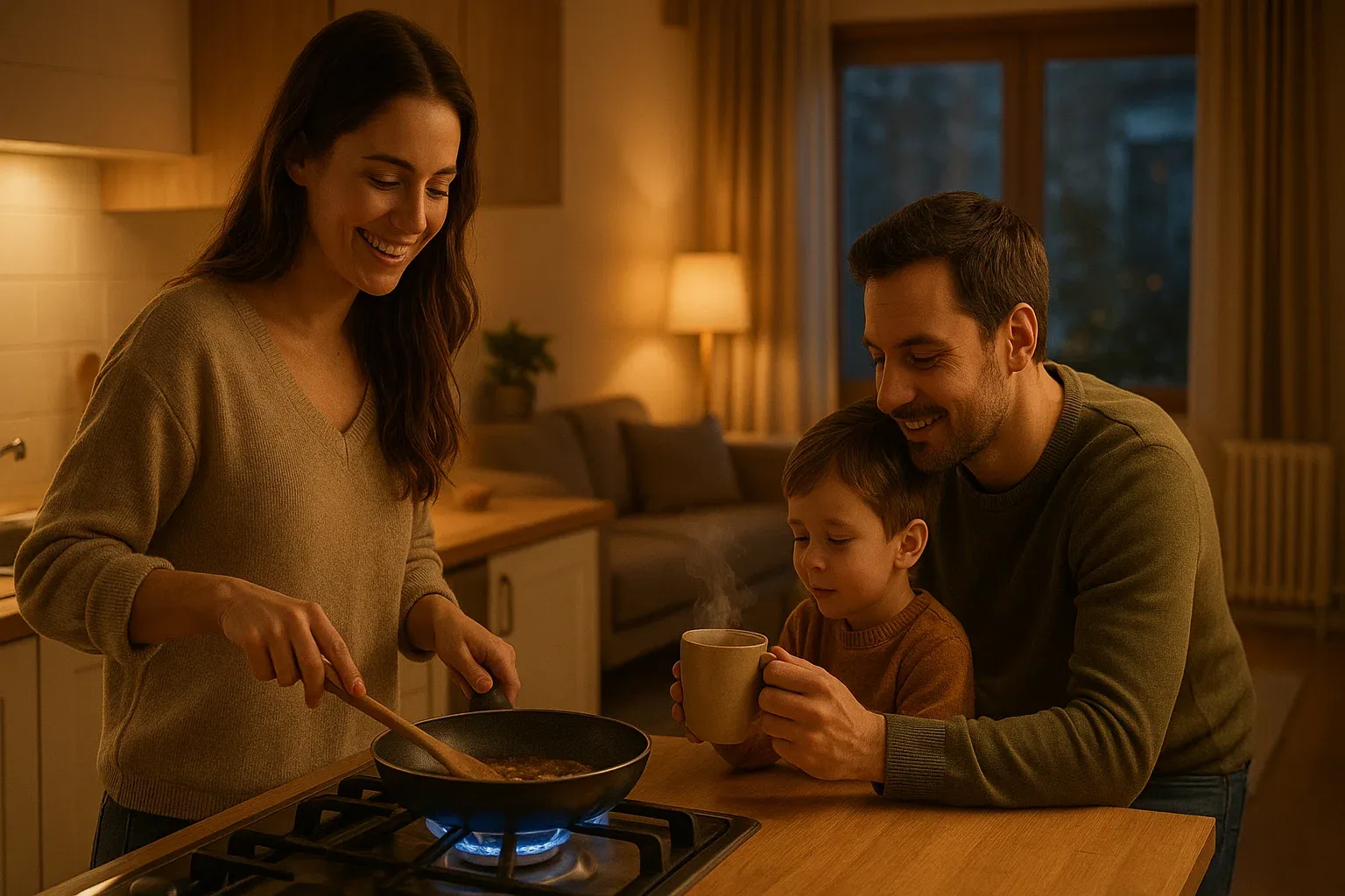 Familia disfrutando de un hogar cálido, con la madre cocinando en una placa de gas y el padre sirviendo una bebida caliente, simbolizando los usos del gas natural para cocina, agua caliente y calefacción.