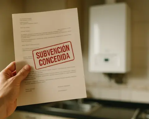 Primer plano de una mano sosteniendo un documento con un sello de "Subvención Concedida", con una caldera de gas nueva en el fondo, simbolizando el éxito al obtener ayudas para la instalación.