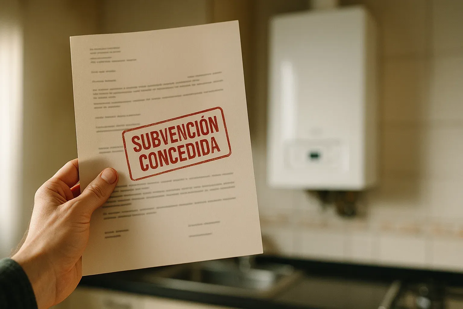 Primer plano de una mano sosteniendo un documento con un sello de "Subvención Concedida", con una caldera de gas nueva en el fondo, simbolizando el éxito al obtener ayudas para la instalación.