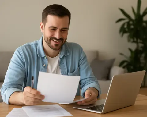 Hombre sonriente revisa una factura de gas de Plenitude en casa, sentado frente a su portátil