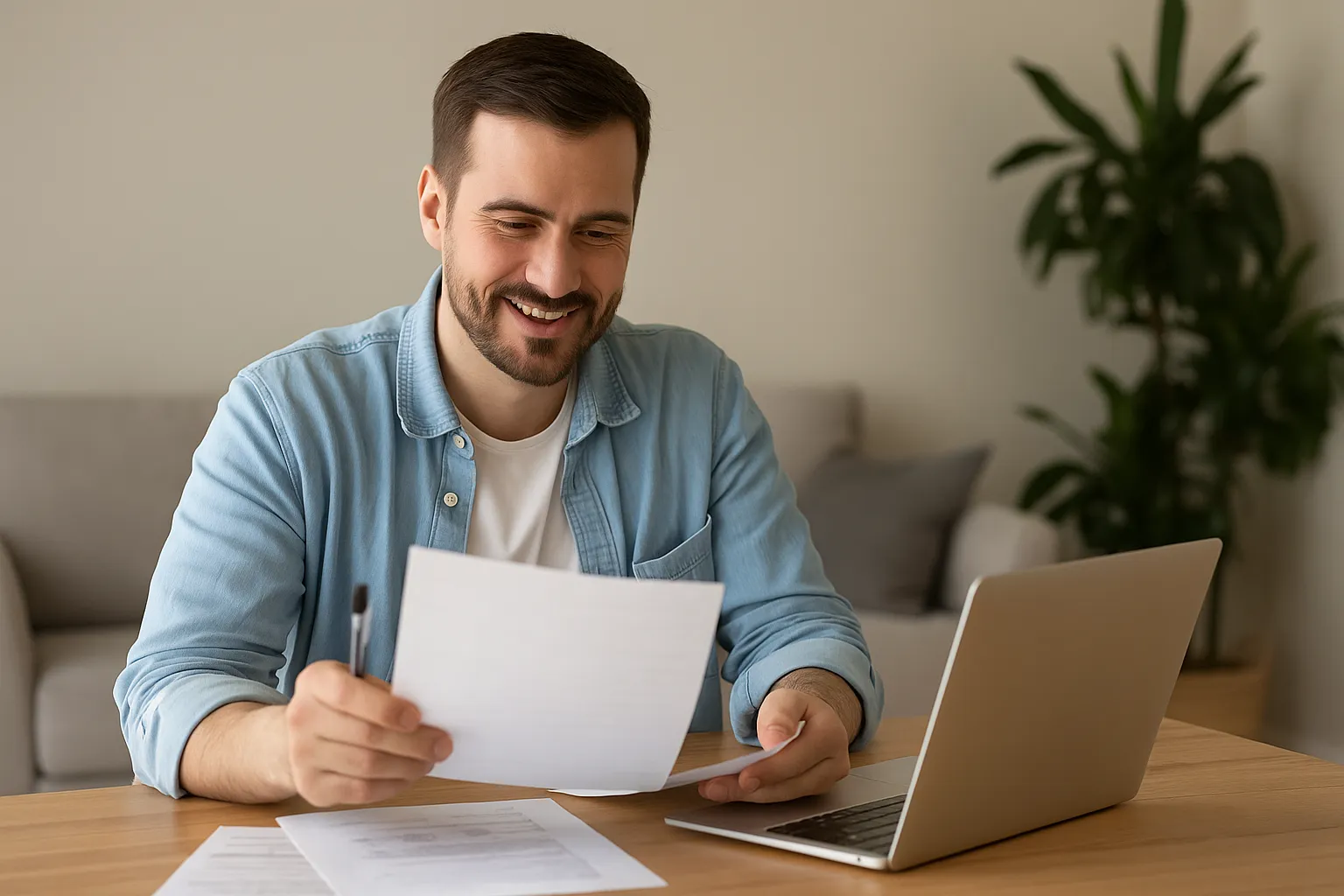Hombre sonriente revisa una factura de gas de Plenitude en casa, sentado frente a su portátil