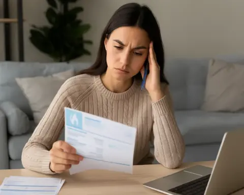 Mujer joven revisa una factura de gas, valorando la opción de cambiar a Gana Energía.