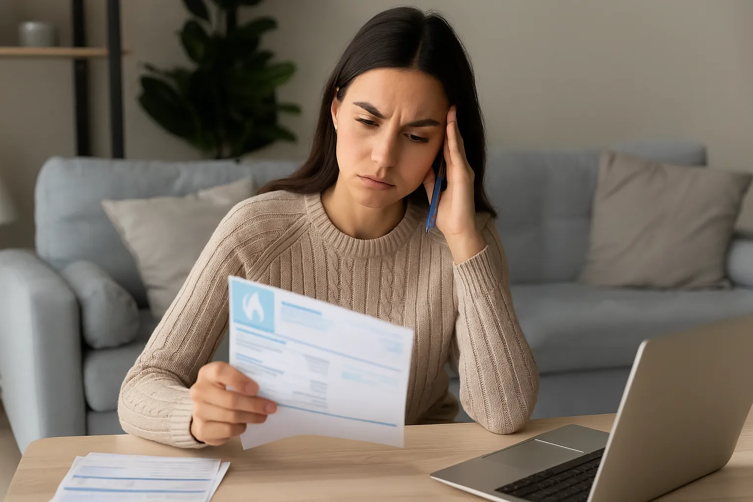 Mujer joven revisa una factura de gas, valorando la opción de cambiar a Gana Energía.