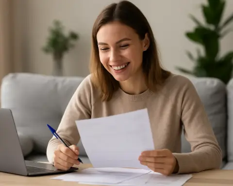 Mujer sonriente revisa una factura de gas de Plenitude en su salón, sentada frente a un portátil y varios documentos.