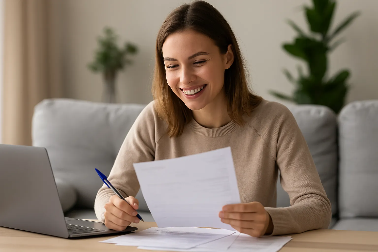Mujer sonriente revisa una factura de gas de Plenitude en su salón, sentada frente a un portátil y varios documentos.