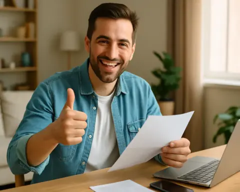 Hombre sonriente con gesto de aprobación revisa su tarifa de Alcanzia sentado en una mesa, con portátil y papeles.