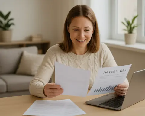 Mujer sonriente revisa facturas de gas sentada en una mesa, con un portátil abierto y papeles, en un salón luminoso y acogedor.