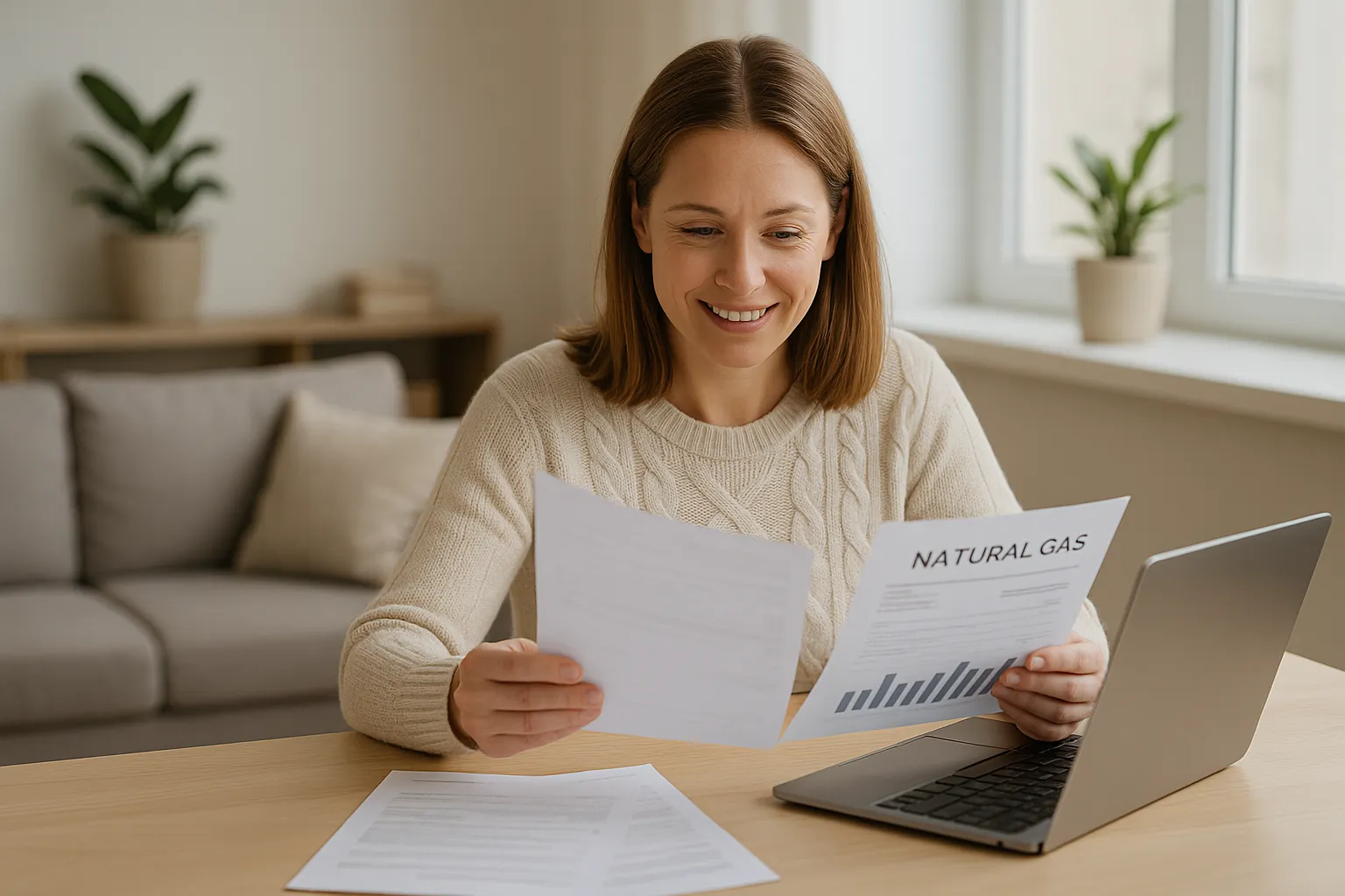 Mujer sonriente revisa facturas de gas sentada en una mesa, con un portátil abierto y papeles, en un salón luminoso y acogedor.