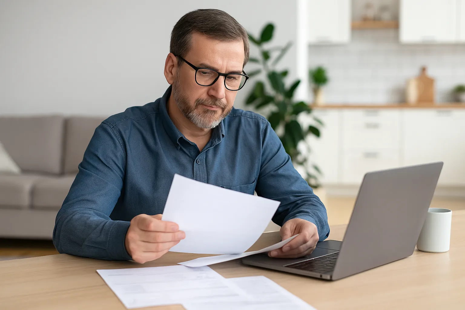 Hombre de mediana edad revisa facturas antes de decidir si cambiar a Catgas.