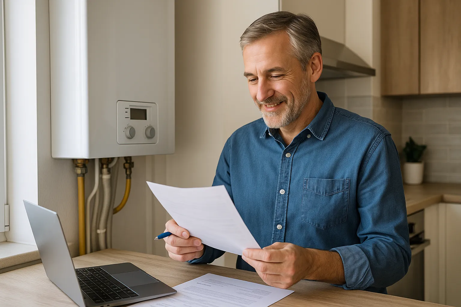 Hombre de mediana edad revisa facturas de gas de Eleia Energia en la cocina junto a una caldera, con portátil y documentos sobre la encimera.
