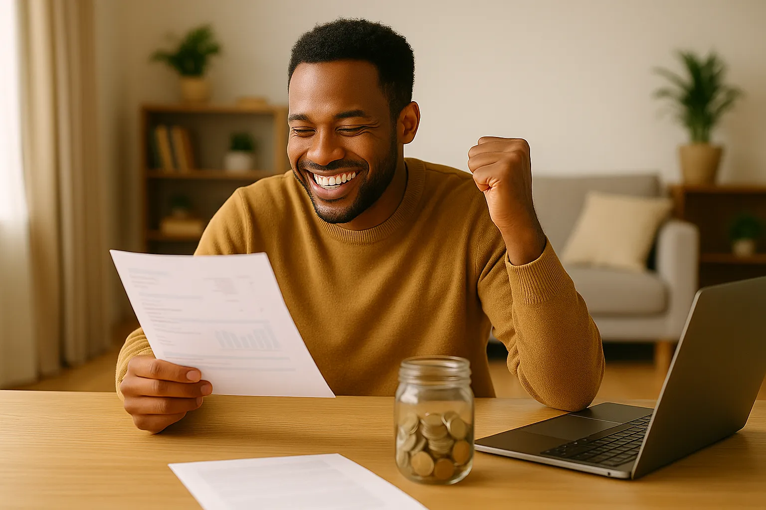 Hombre sonriente revisa una factura con gesto de satisfacción, por que con la TUR de Energía XXI consigue ahorrar a final de mes.