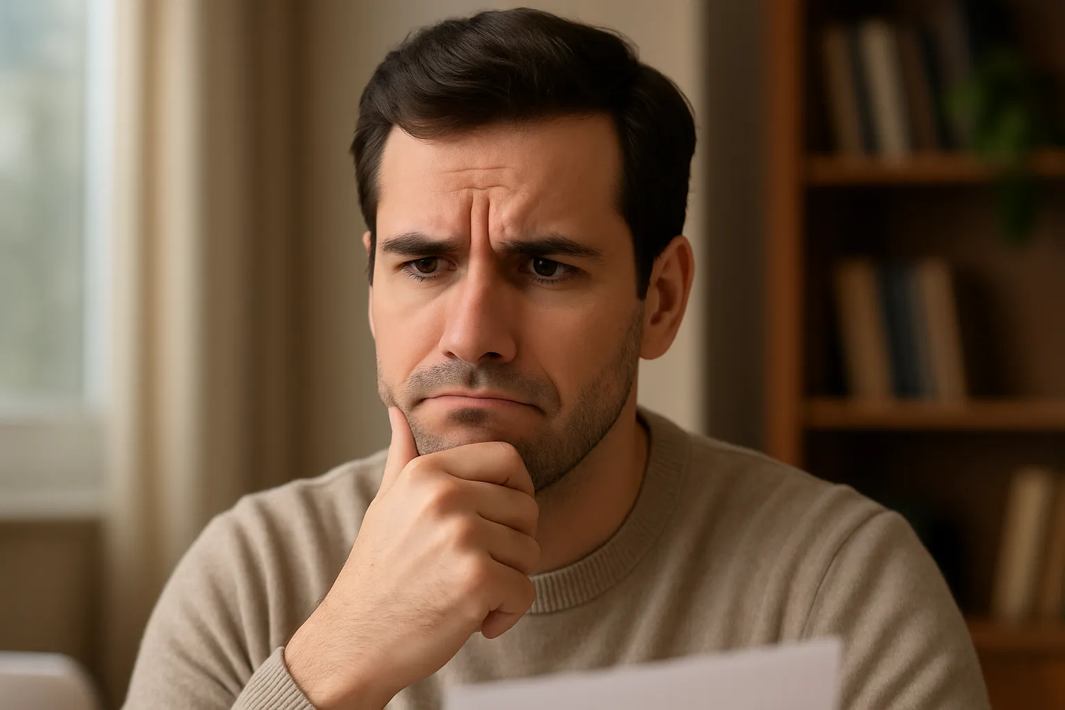 Hombre con gesto de duda frente a un documento, representando la sorpresa al descubrir que Holaluz no ofrece tarifas de gas.