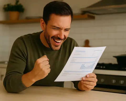 Hombre sonriente revisa una factura apoyado en la encimera de su cocina, con gesto de entusiasmo y alivio al comprobar que está ahorrando.